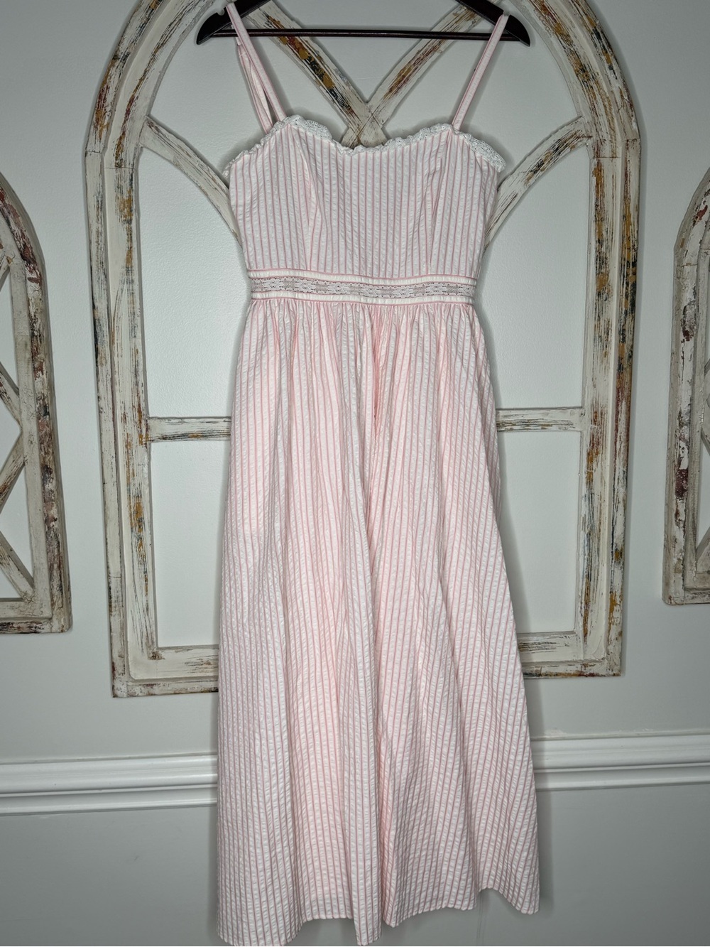 Stellah Pink and White Striped Sundress with Lace Trim- Sz Small